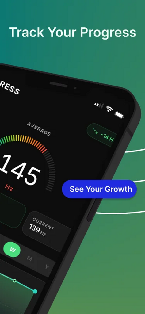 DEEPR - Deep Voice Training - Pantalla de smartphone que muestra el análisis de frecuencia vocal y el seguimiento del progreso de la aplicación DEEPR