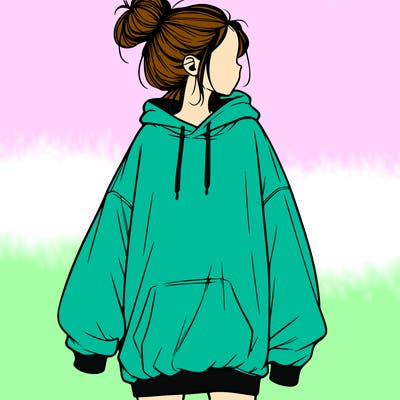 realistic girl with a oversized sweatshirt on and a bun