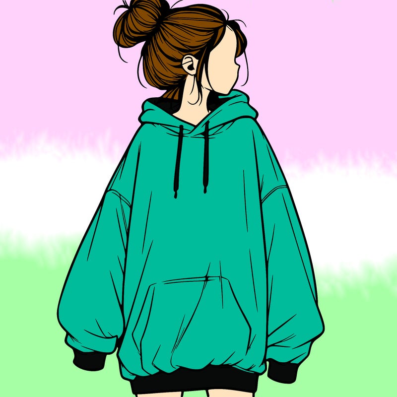 realistic girl with a oversized sweatshirt on and a bun