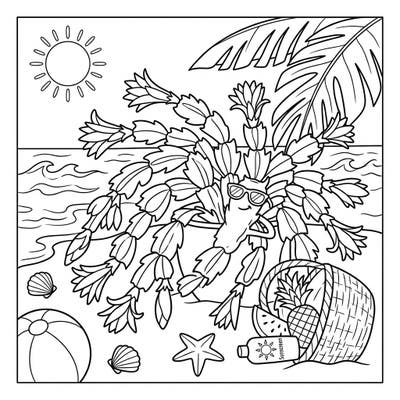 Get ready for some unexpected summer fun with this adorable Christmas Cactus coloring page! Watch as this festive plant enjoys a relaxing day at the beach, complete with sunglasses and tropical treats.