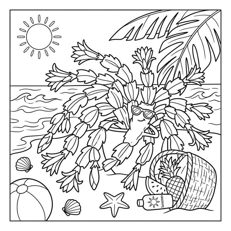 Get ready for some unexpected summer fun with this adorable Christmas Cactus coloring page! Watch as this festive plant enjoys a relaxing day at the beach, complete with sunglasses and tropical treats.