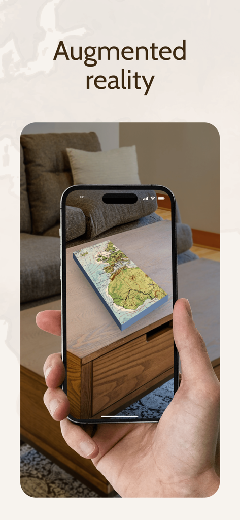 OldMapsOnline - History & Maps - A smartphone screen displaying a 3D historical map projected onto a coffee table using augmented reality.