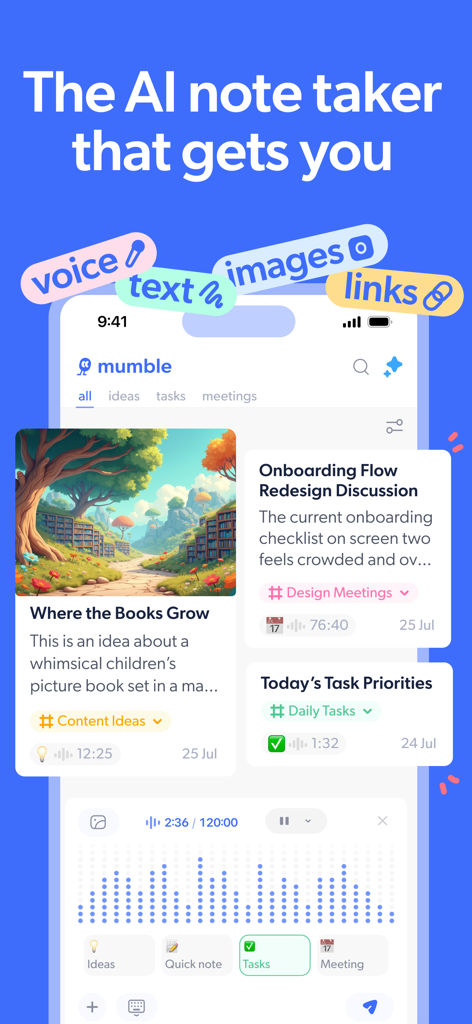 Mumble Note: AI Note Taker - Interfaz de la aplicación Mumble Note mostrando notas generadas por IA y funciones de captura de voz