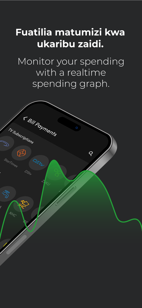 Selcom Pesa - Realtime spending graph and bill payments screen in the Selcom Pesa app