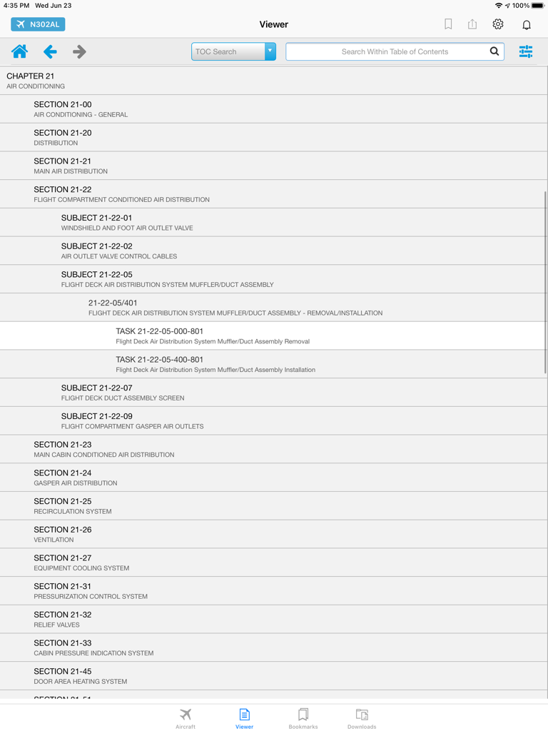 Indice dei manuali di manutenzione dell'aria condizionata degli aeromobili nell'app Boeing Toolbox Mobile Library