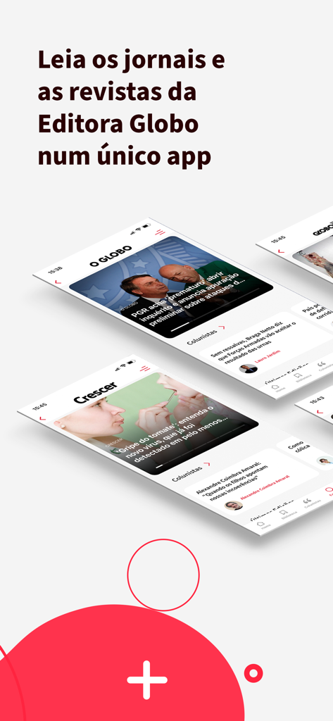 Interface do aplicativo Globo Mais mostrando jornais e revistas digitais brasileiros em telas de dispositivos móveis