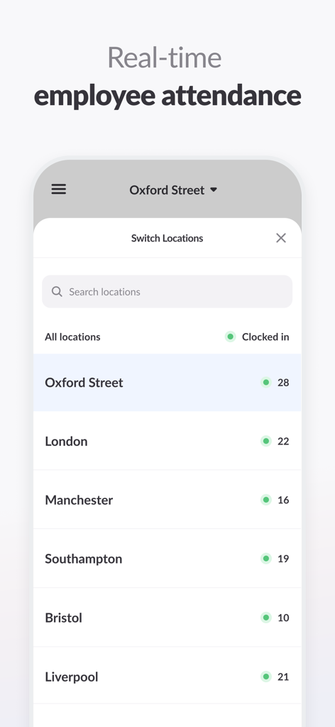 MyZimply from Bizimply - Real time employee attendance list showing clocked in staff counts across several locations