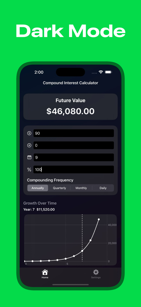 Compound Interest Calculator 6 - Compound Interest Calculator app interface in dark mode featuring an investment growth chart and future value results