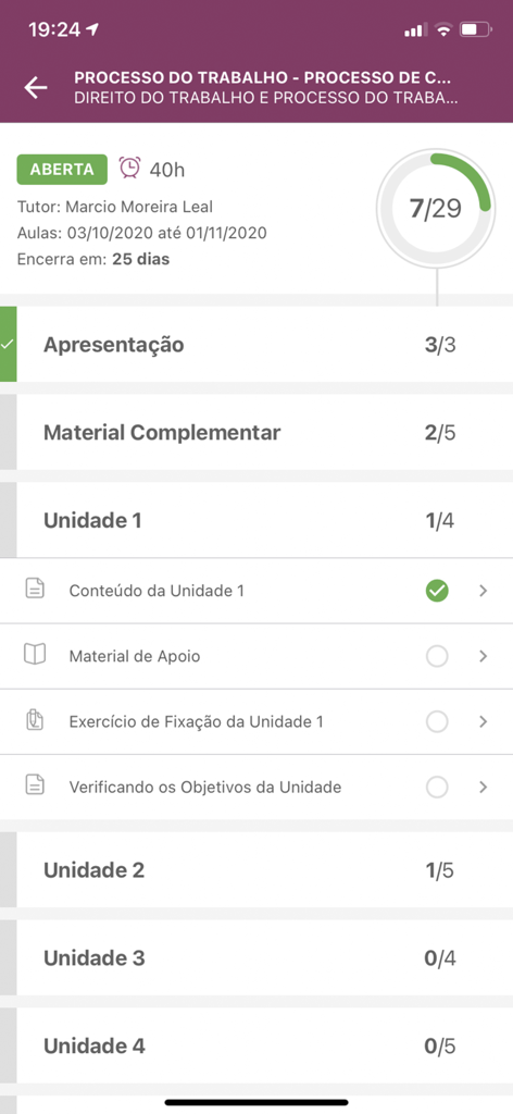 Portal do Aluno - Portal do Aluno mobile app showing course modules and study progress