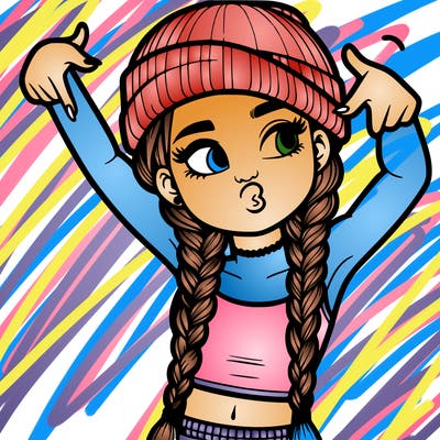 realistic teenage girl with braids and a beanie and crop top doing 🫶🏼