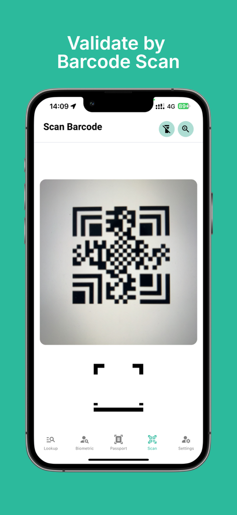tValidator App-Oberfläche, die die Barcode-Scan-Funktion zur Validierung von Reisedokumenten zeigt