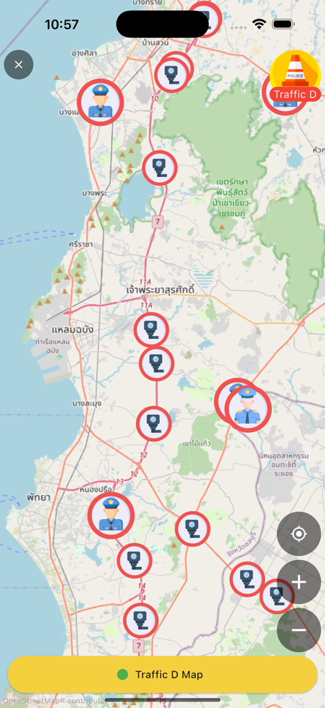 รายงานจราจร รถติด traffic D - A real-time map showing police checkpoints and speed camera locations in the Traffic D app