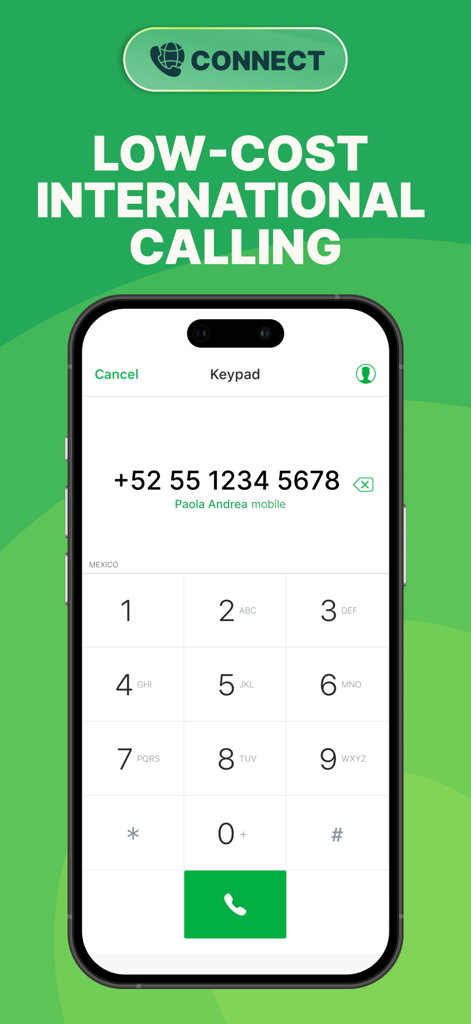 textPlus app interface showing a keypad dialing a phone number in Mexico for low cost international calls