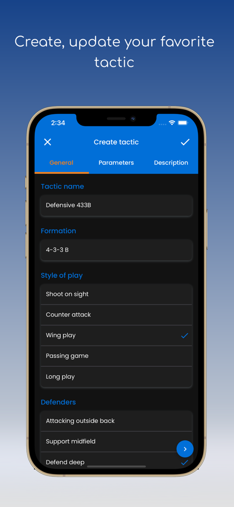 OSM Tactics, AI Tactics - Mobile app screen for creating a custom soccer tactic with formation and play style settings