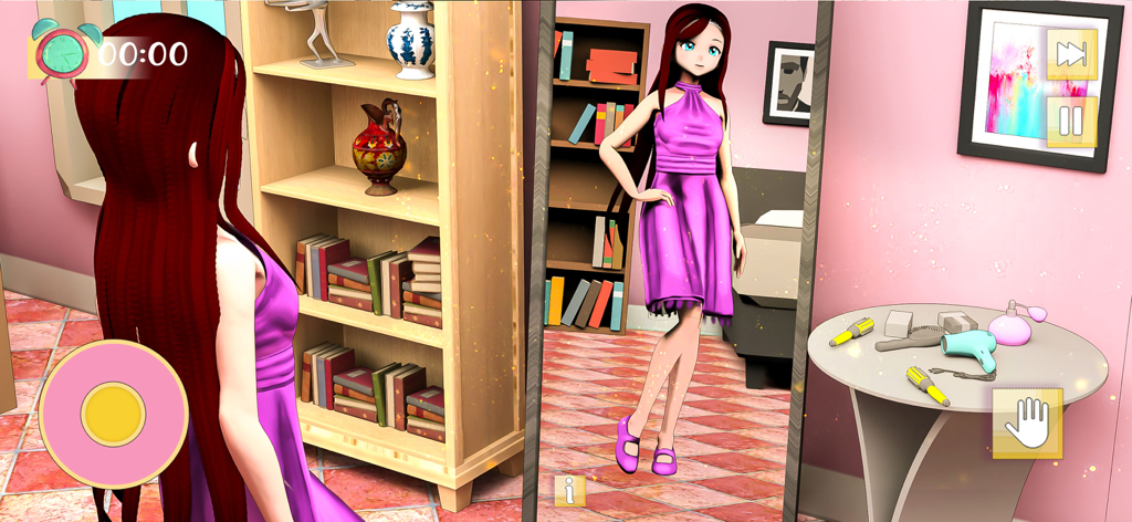 Pregnant Mom & Baby Anime Game - Personagem de anime em um vestido roxo olhando seu reflexo em um espelho dentro de um quarto virtual.