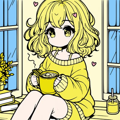 cute anime girl reading book and drinking hot chocolate from mug with loose wavy hair wearing a baggy sweatshirt and shorts sitting by windowsill looking out