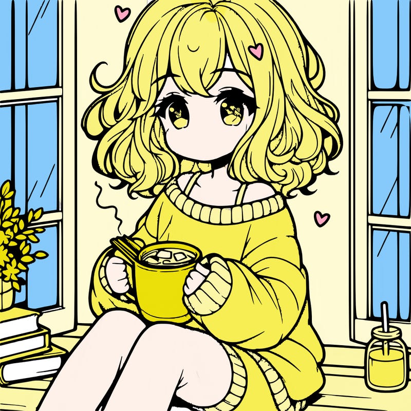 cute anime girl reading book and drinking hot chocolate from mug with loose wavy hair wearing a baggy sweatshirt and shorts sitting by windowsill looking out