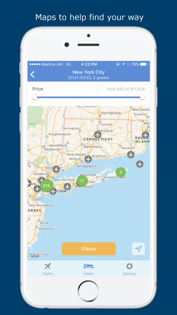 フライト検索アプリのマップビューに、ニューヨーク市のホテルとフライトの場所が価格フィルターとともに表示されている