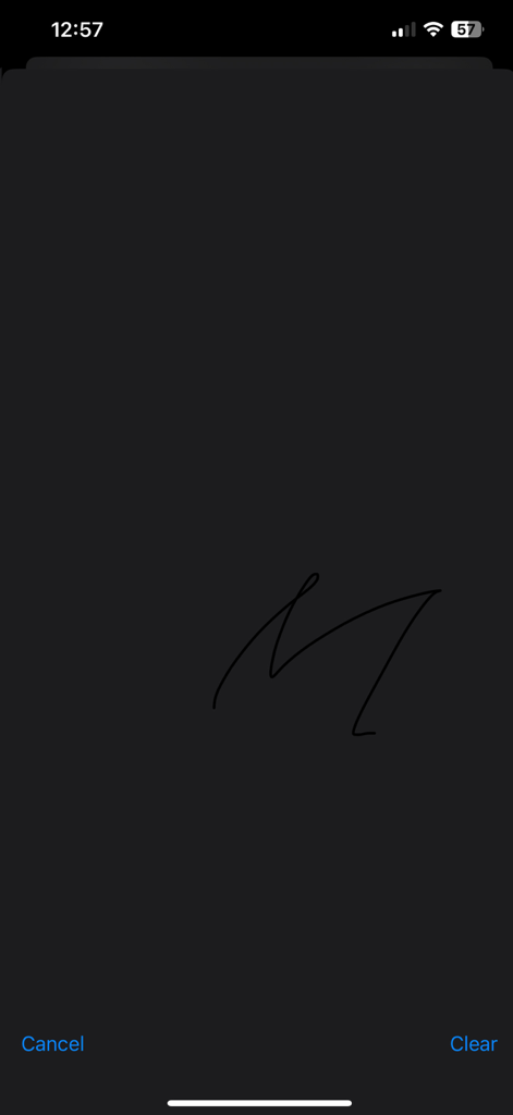 Digital signature interface within the Model Release Form app showing a handwritten signature on a dark background