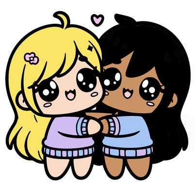 cute kawaii best friends hugging.