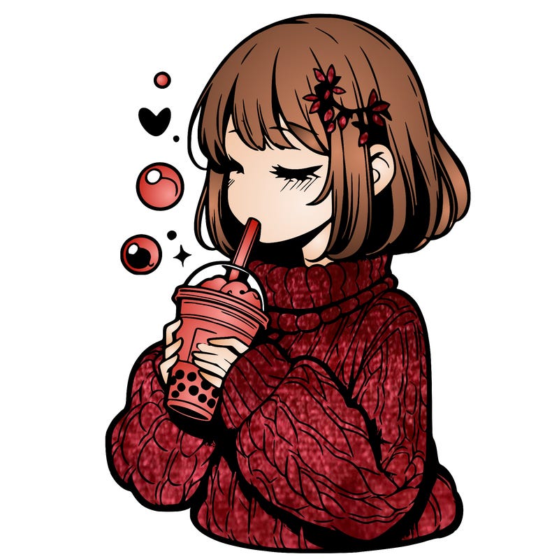 manga girl drinking boba in cozy sweater