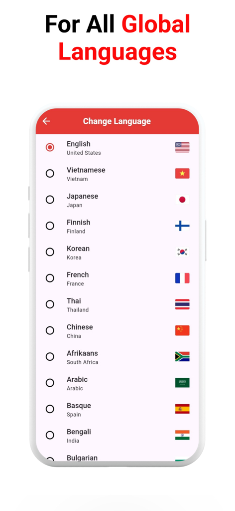 PDF Reader, Editor & Scanner + - Multi-language selection screen with global flags in the PDF editor app