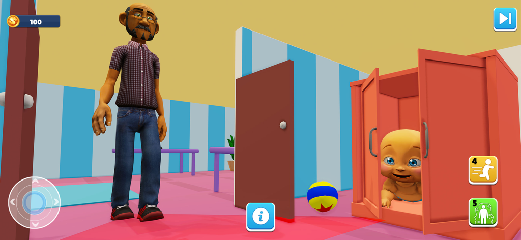 Hide And Seek: Find Daddy Game - A baby hiding inside a red locker while a man searches for him in a brightly colored room