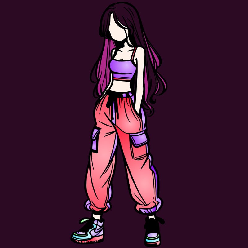 girl in baggy pants crop top and long hair