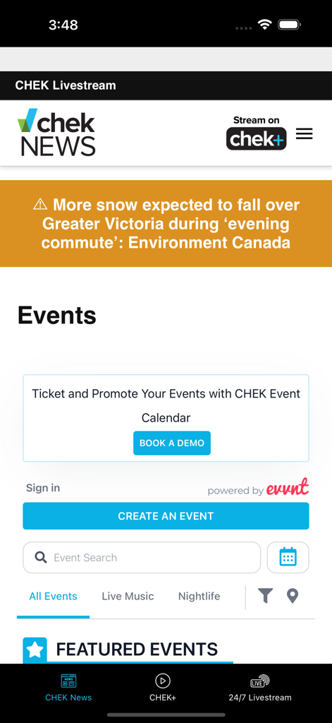 CHEK Mobile - La sección de eventos y noticias de la aplicación CHEK Mobile con alertas meteorológicas locales y un calendario comunitario para la Isla de Vancouver.