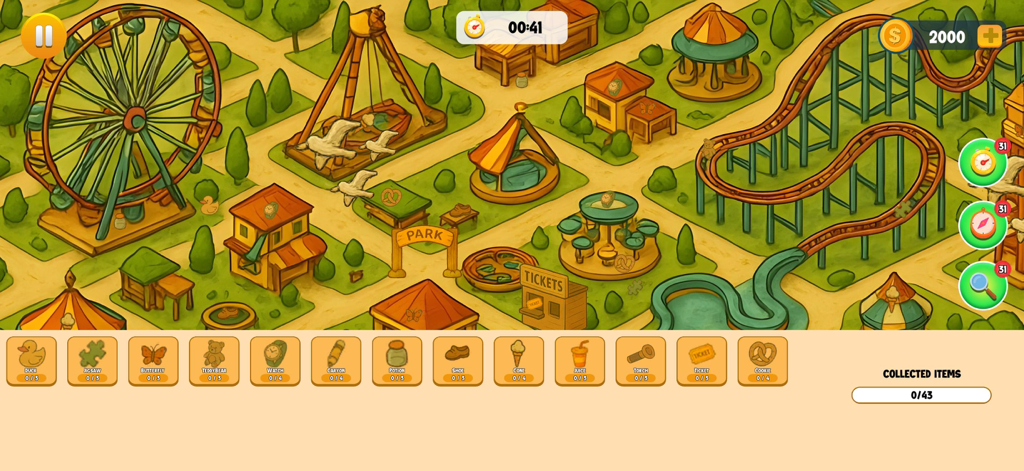 A colorful hidden object game level featuring an illustrated amusement park scene with a Ferris wheel and roller coaster
