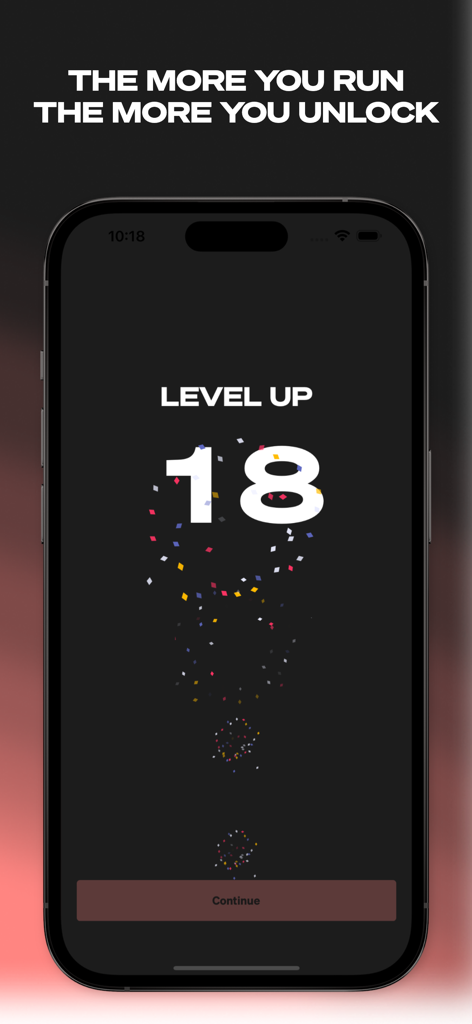 INTVL running app screenshot showing a level up achievement to level 18 with celebratory confetti.