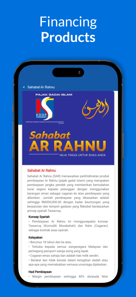Sahabat Super App - Sahabat Super App financing products screen showing Ar Rahnu Islamic pawn broking details