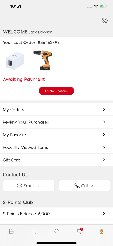 Shopper+ - Shopper plus app user account dashboard showing recent order status contact options and reward points balance