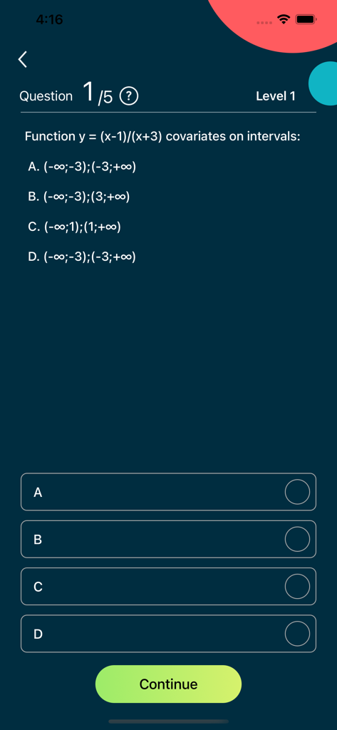 STMath - Interactive math quiz screen showing a multiple choice question about function intervals in the STMath app