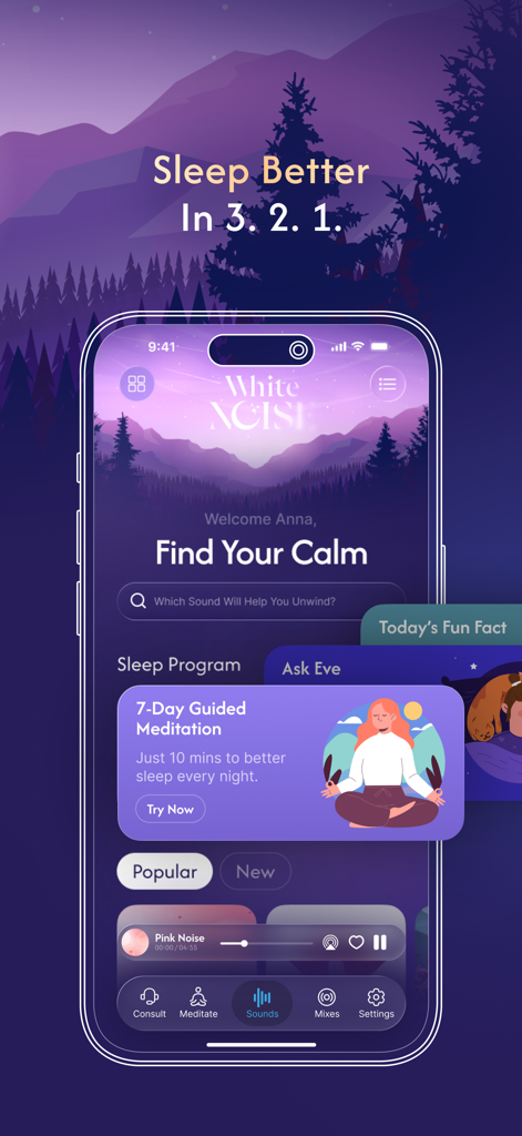 White Noise ASMR Sleep Sounds - Interfaz de una aplicación móvil para Sonidos para Dormir ASMR de Ruido Blanco que presenta un programa de meditación guiada de 7 días y un reproductor de sonido de ruido rosa contra un fondo de montañas moradas.