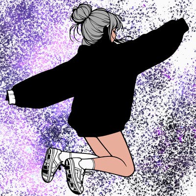 realistic girl jumping with a bun and oversized sweatshirt