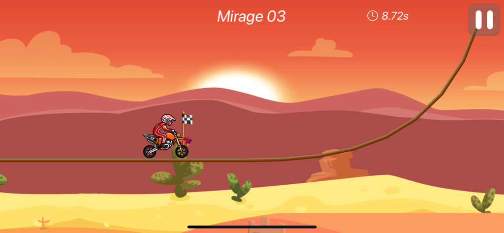 Moto Bike Race Speed Game - A 2D motorcycle racer navigating a track across a desert landscape at sunset.