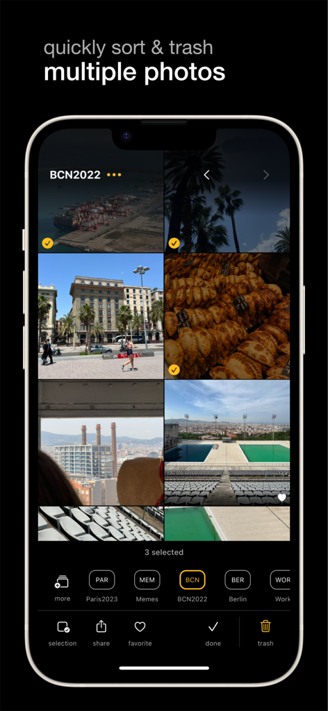 phoom - Photo Manager&Cleaner - Interface of the phoom app showing the batch photo selection and sorting features on an iPhone
