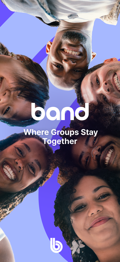 A diverse group of smiling people in a circle with the BAND app logo and slogan Where Groups Stay Together
