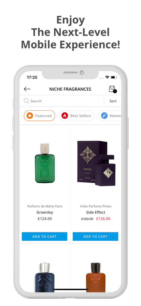 Fragrance Nevaeh - Fragrance Nevaeh mobile app interface showing a list of niche perfumes including Parfums de Marly and Initio with add to cart buttons.