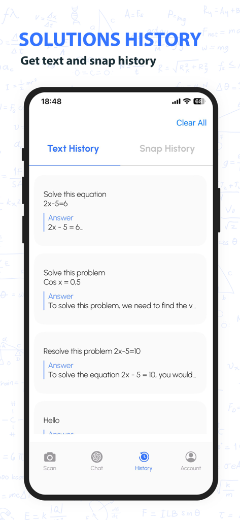 AI Homework Scanner & Helper - Solutions history screen in the AI Homework Scanner app displaying previously solved math equations.