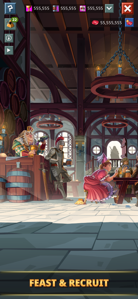 Medieval tavern scene with characters feasting and recruiting in Empire Four Kingdoms