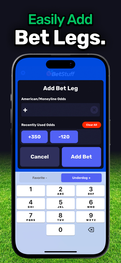 Bet Stuff ▶▶ Odds Calculator - A mobile app screen showing the Add Bet Leg interface for inputting American Moneyline odds with a numeric keypad and recently used odds buttons.