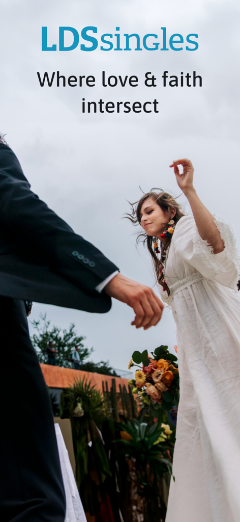 LDS Singles dating app intro screen showing a bride and groom with the slogan where love and faith intersect