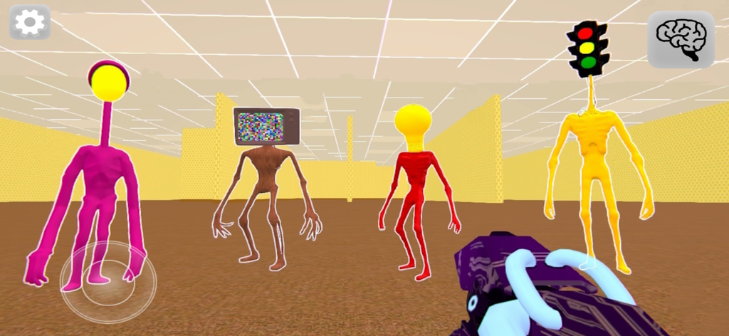 Four slender monsters with object heads standing in a yellow sandbox room