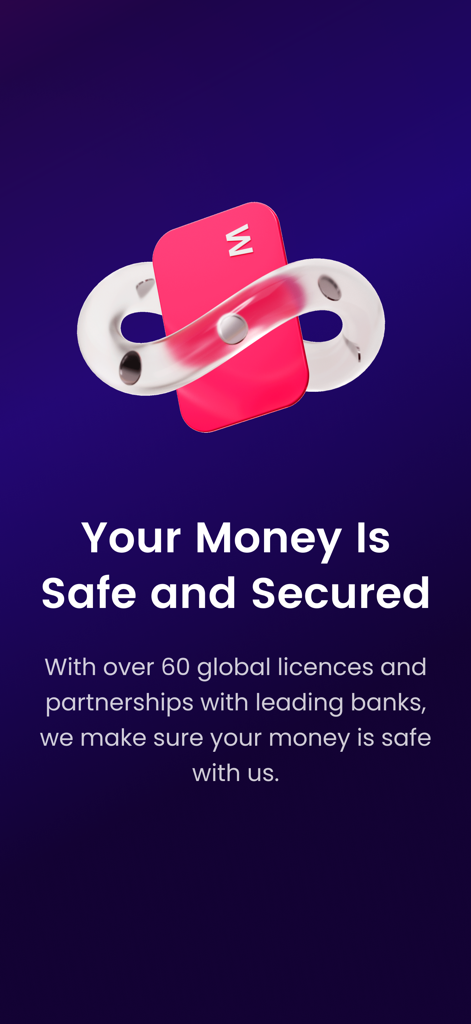 Écran de l'application WorldFirst mettant en avant les fonctionnalités de sécurité et plus de 60 licences mondiales