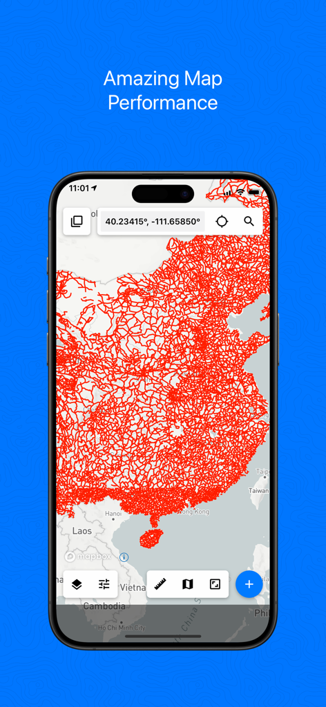 Touch GIS app displaying a dense red geospatial data overlay on a map on an iPhone screen.