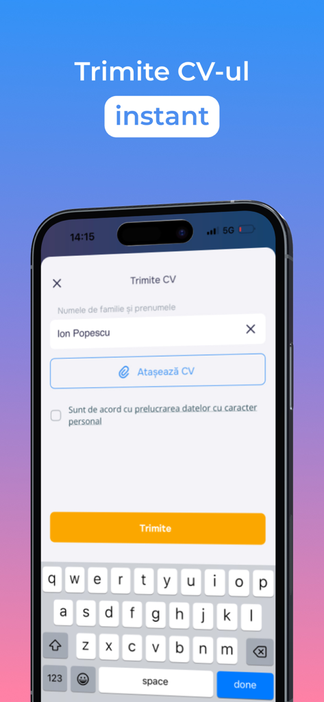 Lucru.md - A smartphone screen showing the Lucru.md app's one-click CV submission form with a name field and attach button.