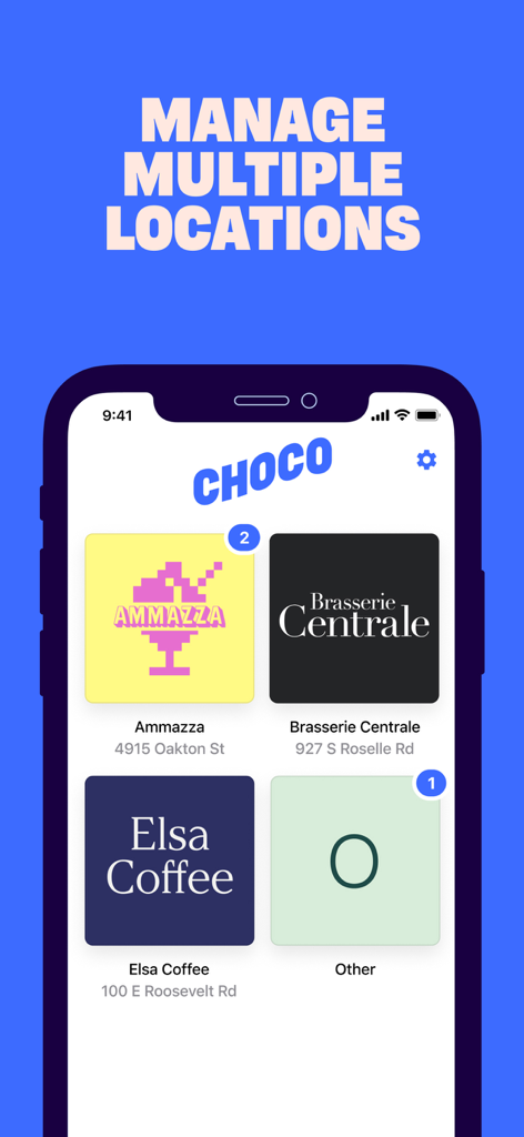 Choco - Choco app interface showing the manage multiple locations feature for different restaurant profiles
