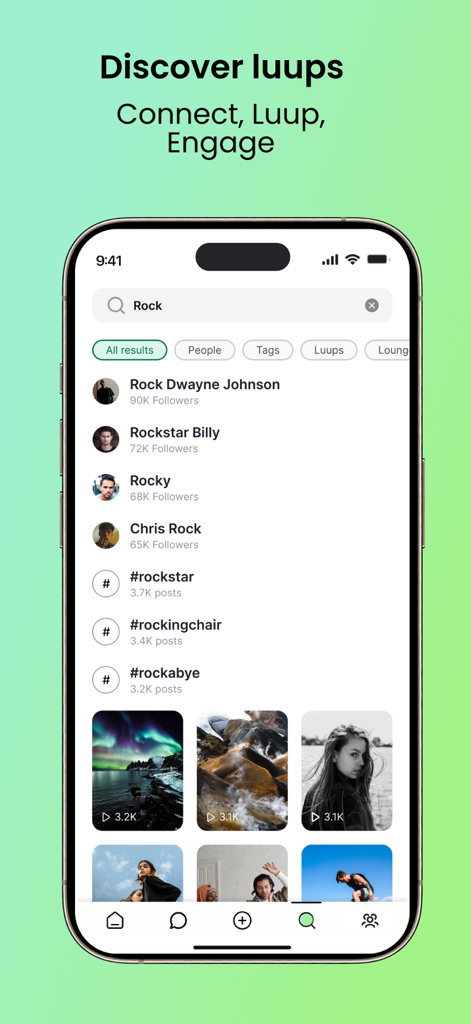 Luupli app discovery screen showing search results for the keyword Rock including users hashtags and video luups